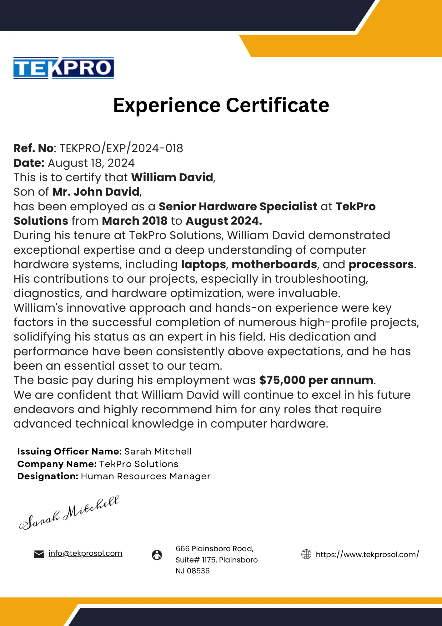 Experience Certificate of William